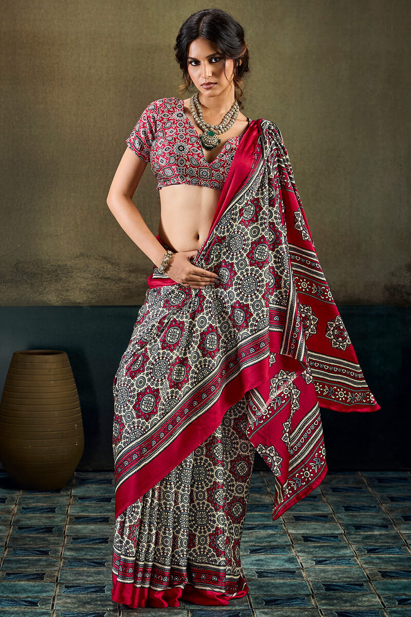 Sophisticated Dark Pink Ajrakh Printed Satin Silk Saree With Piquant Blouse Piece