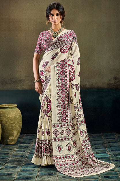 Surpassing Beige Ajrakh Printed Satin Silk Saree With Mesmeric Blouse Piece