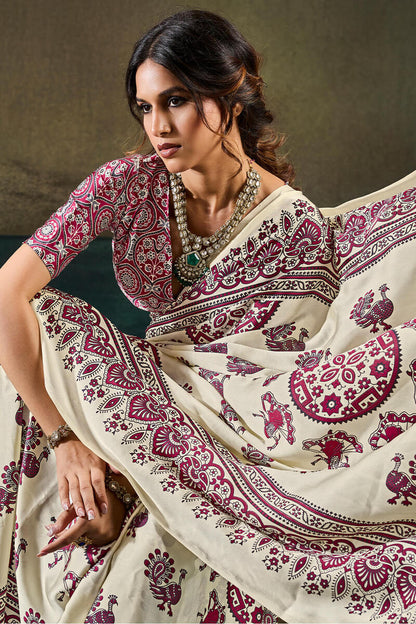 Surpassing Beige Ajrakh Printed Satin Silk Saree With Mesmeric Blouse Piece