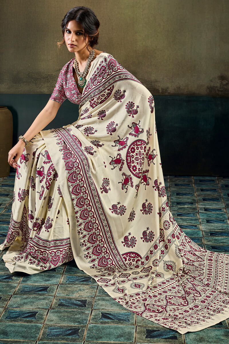 Surpassing Beige Ajrakh Printed Satin Silk Saree With Mesmeric Blouse Piece