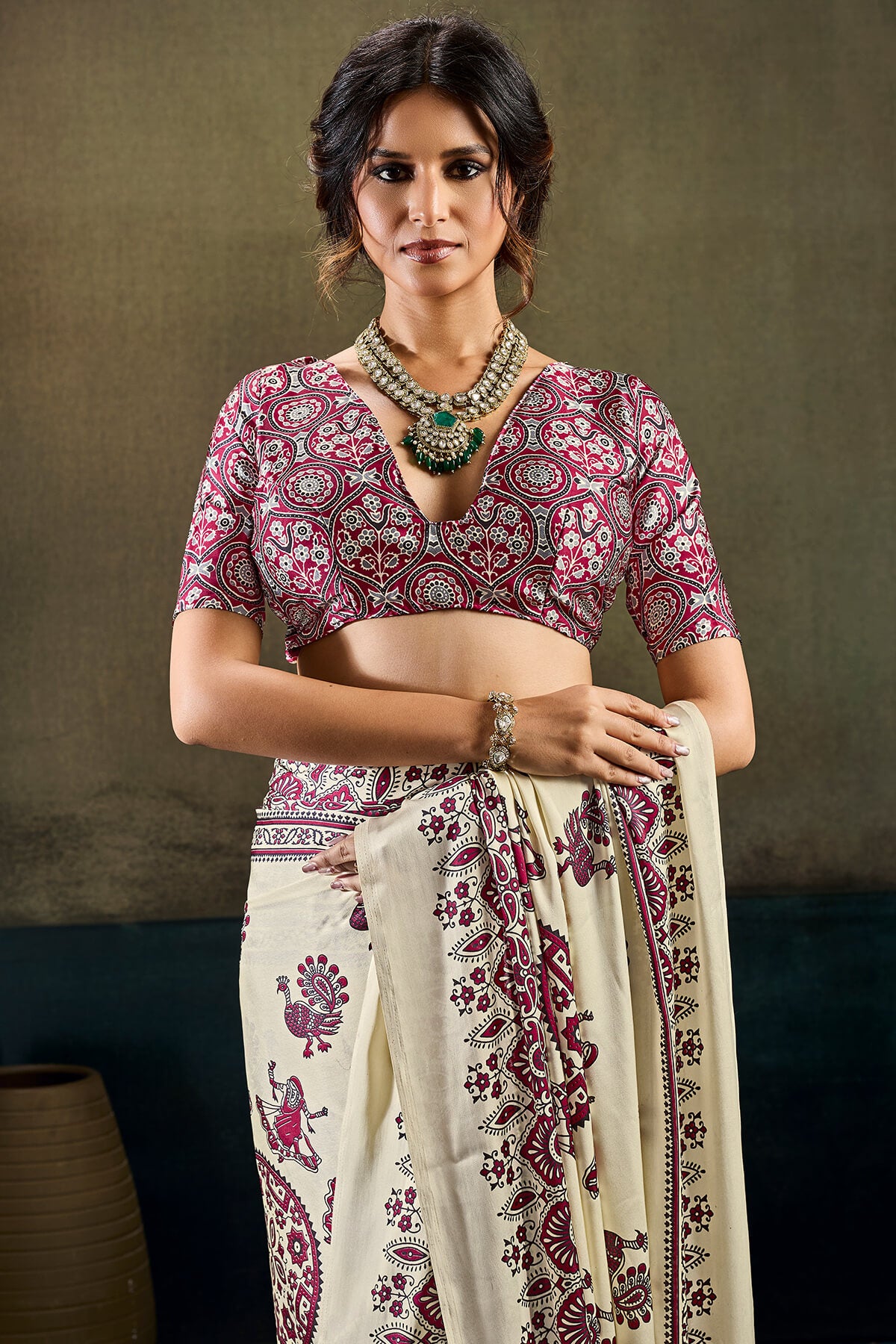 Surpassing Beige Ajrakh Printed Satin Silk Saree With Mesmeric Blouse Piece