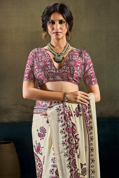 Surpassing Beige Ajrakh Printed Satin Silk Saree With Mesmeric Blouse Piece
