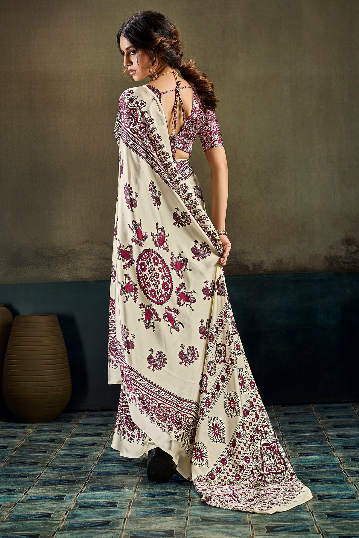 Surpassing Beige Ajrakh Printed Satin Silk Saree With Mesmeric Blouse Piece