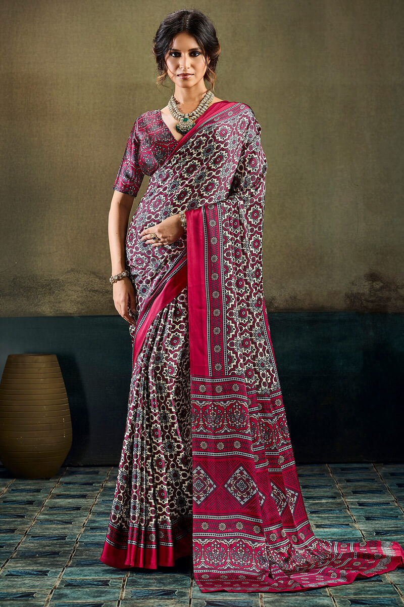 Opulent Wine Ajrakh Printed Satin Silk Saree With Twirling Blouse Piece