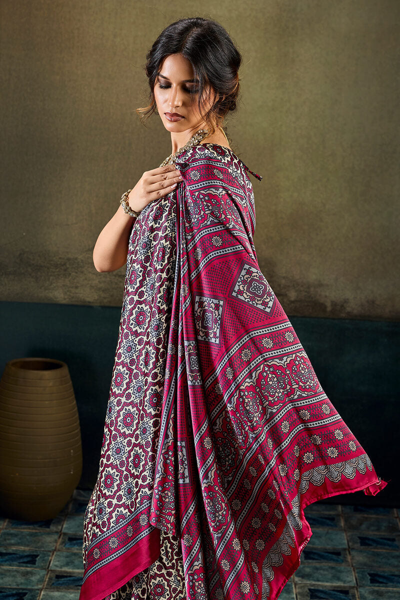 Opulent Wine Ajrakh Printed Satin Silk Saree With Twirling Blouse Piece