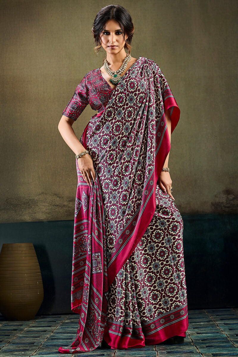 Opulent Wine Ajrakh Printed Satin Silk Saree With Twirling Blouse Piece