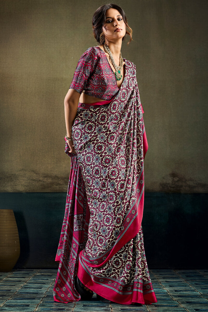Opulent Wine Ajrakh Printed Satin Silk Saree With Twirling Blouse Piece