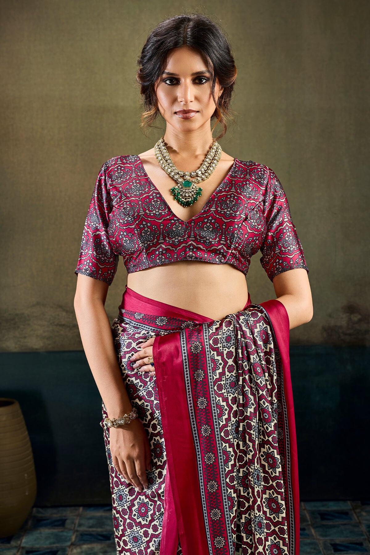 Opulent Wine Ajrakh Printed Satin Silk Saree With Twirling Blouse Piece