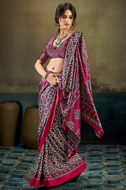 Opulent Wine Ajrakh Printed Satin Silk Saree With Twirling Blouse Piece