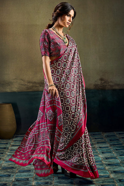 Opulent Wine Ajrakh Printed Satin Silk Saree With Twirling Blouse Piece