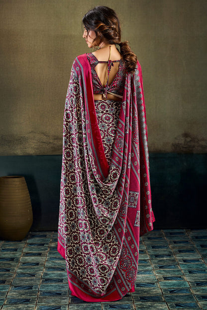 Opulent Wine Ajrakh Printed Satin Silk Saree With Twirling Blouse Piece