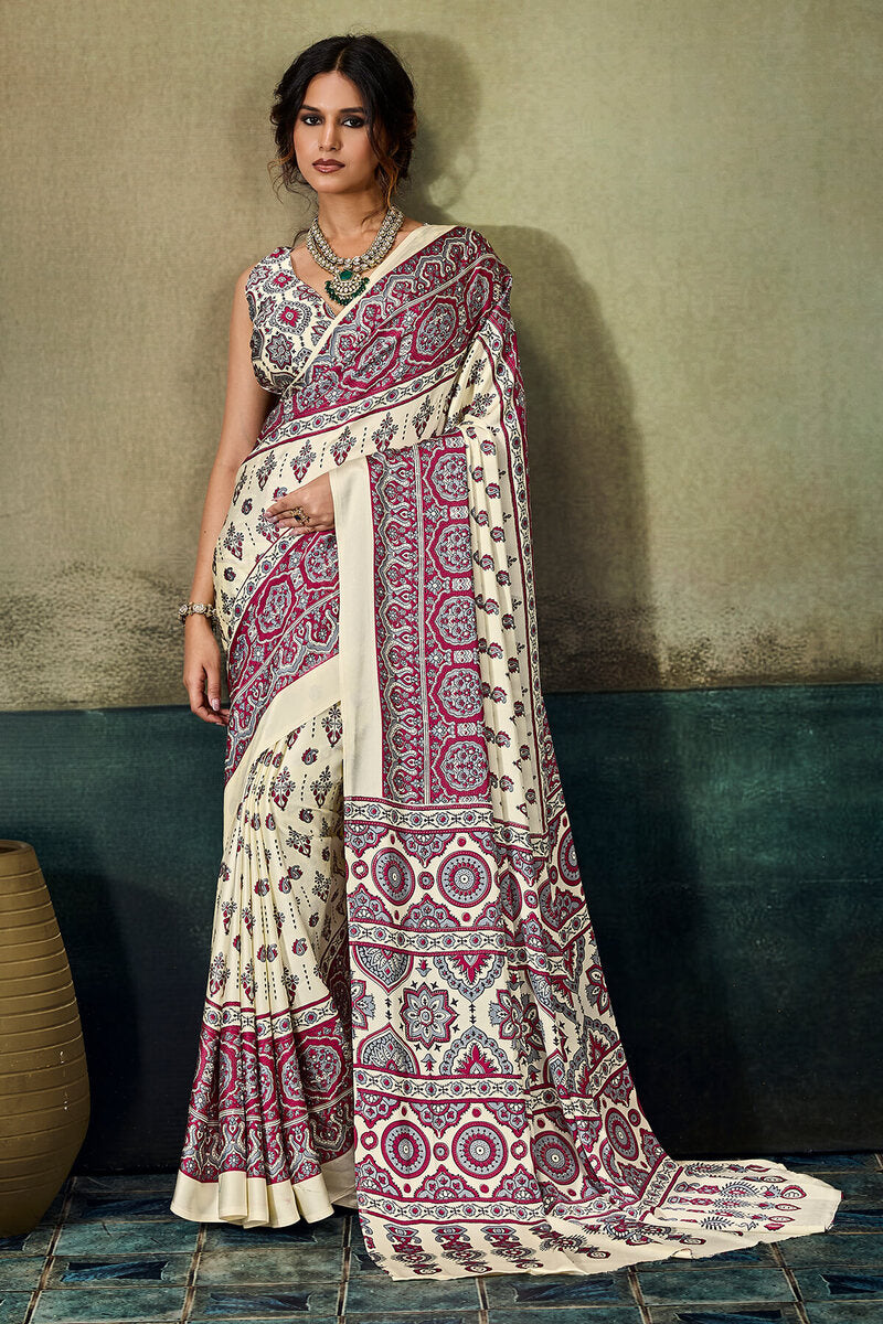 Invaluable Beige Ajrakh Printed Satin Silk Saree With Nebula Blouse Piece
