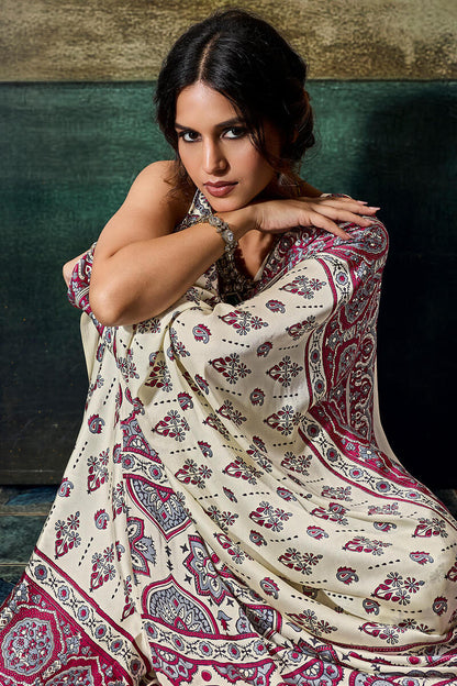 Invaluable Beige Ajrakh Printed Satin Silk Saree With Nebula Blouse Piece