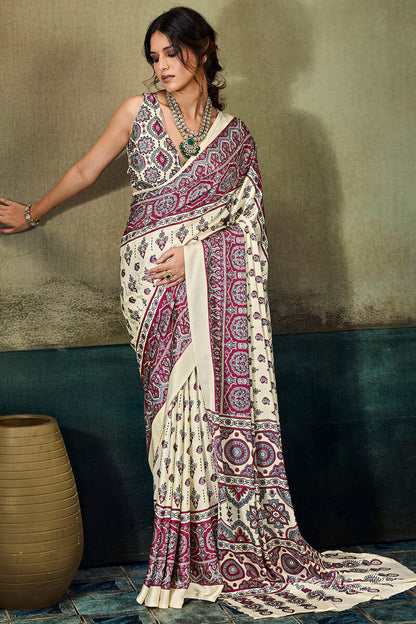 Invaluable Beige Ajrakh Printed Satin Silk Saree With Nebula Blouse Piece