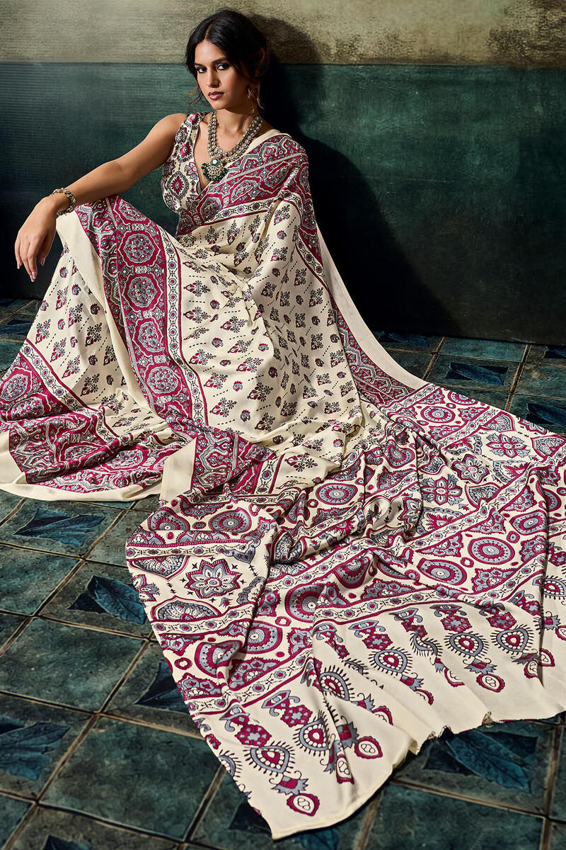 Invaluable Beige Ajrakh Printed Satin Silk Saree With Nebula Blouse Piece