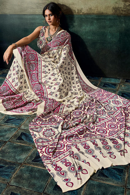 Invaluable Beige Ajrakh Printed Satin Silk Saree With Nebula Blouse Piece