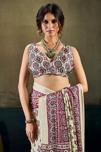 Invaluable Beige Ajrakh Printed Satin Silk Saree With Nebula Blouse Piece