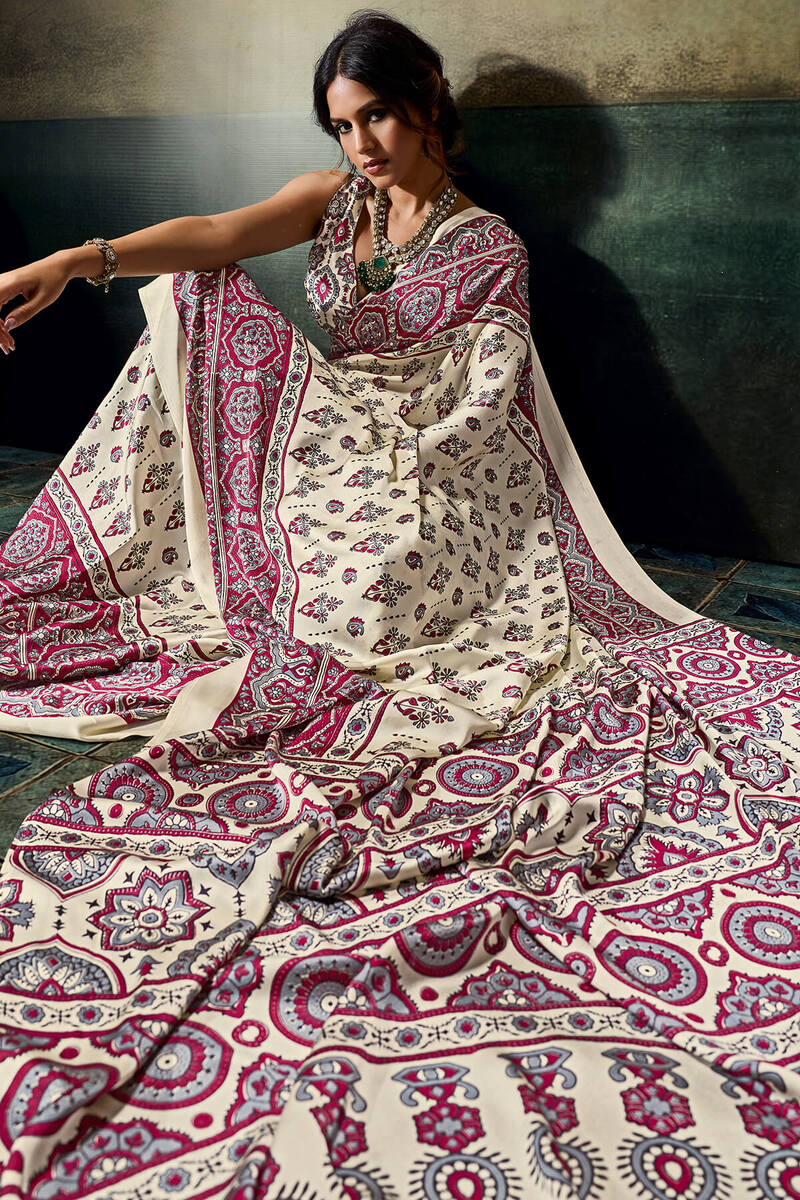 Invaluable Beige Ajrakh Printed Satin Silk Saree With Nebula Blouse Piece
