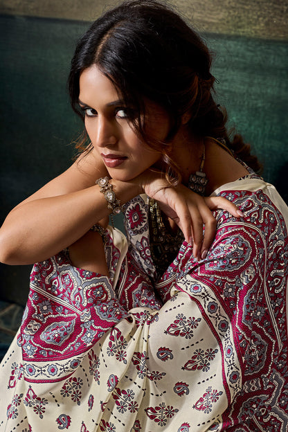 Invaluable Beige Ajrakh Printed Satin Silk Saree With Nebula Blouse Piece