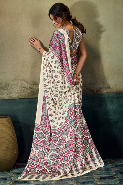 Invaluable Beige Ajrakh Printed Satin Silk Saree With Nebula Blouse Piece