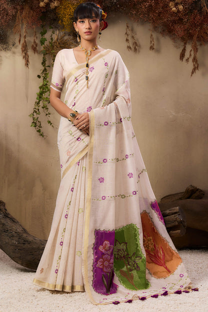 Amazing Beige Pure Munga Cotton Saree With Incredible Blouse Piece