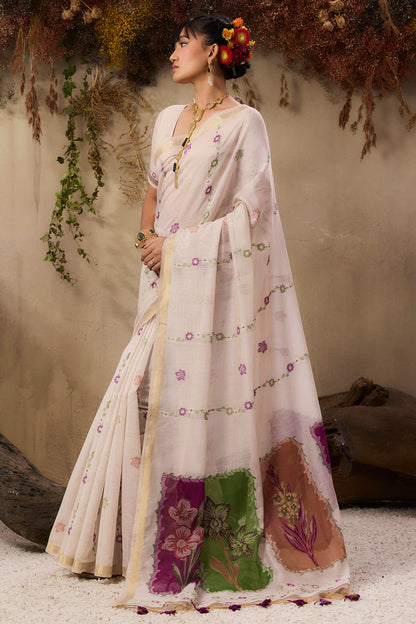 Amazing Beige Pure Munga Cotton Saree With Incredible Blouse Piece