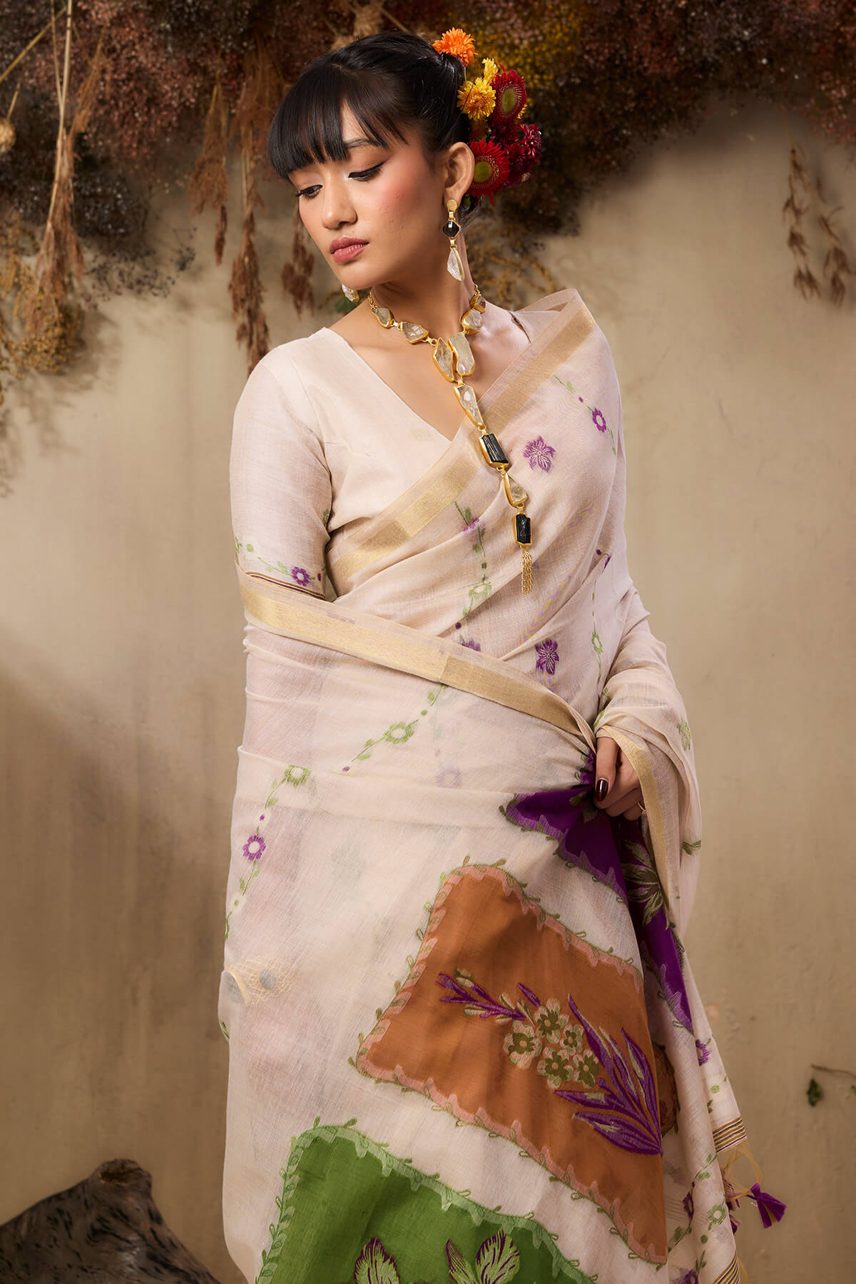Amazing Beige Pure Munga Cotton Saree With Incredible Blouse Piece