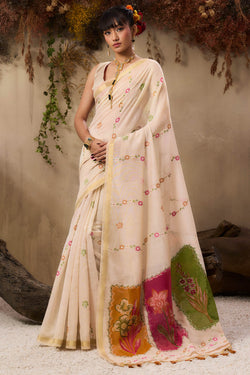 Pulsating Beige Pure Munga Cotton Saree With Splendorous Blouse Piece