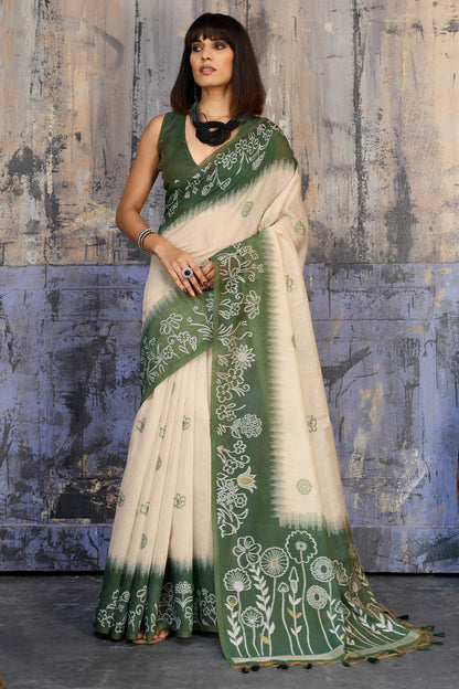 Effulgent Beige and Green Pure Munga Cotton Saree With Amiable Blouse Piece