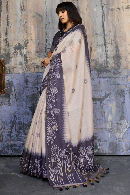 Capricious Beige and Grey Pure Munga Cotton Saree With Beguiling Blouse Piece