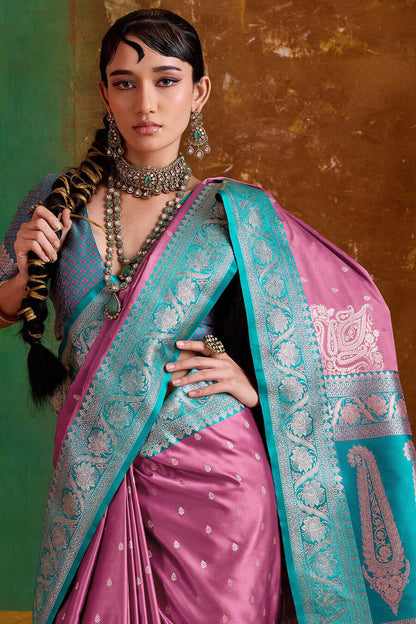 Quixotic Pink Banarasi Satin Silk Saree With Exuberant Blouse