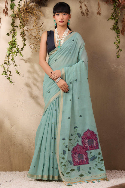 Stunner Sea Green Cotton Silk Saree With Designer Blouse Piece