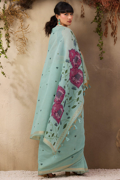 Stunner Sea Green Cotton Silk Saree With Designer Blouse Piece
