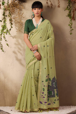 Surreptitious Green Cotton Silk Saree With Ephemeral Blouse Piece