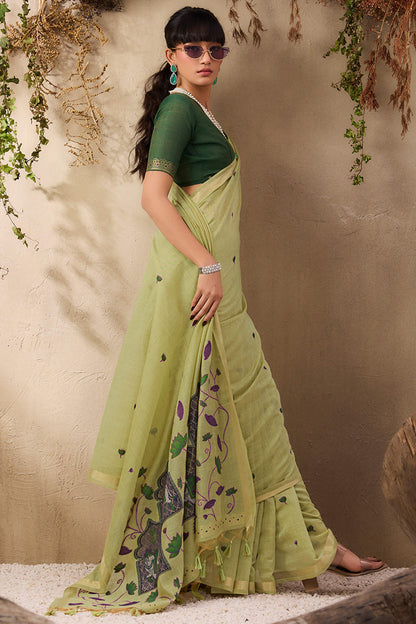 Surreptitious Green Cotton Silk Saree With Ephemeral Blouse Piece