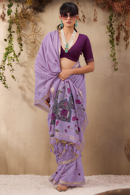 Winsome Lavender Cotton Silk Saree With Innovative Blouse Piece