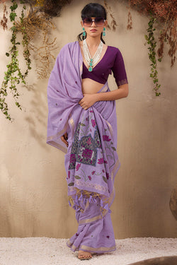 Winsome Lavender Cotton Silk Saree With Innovative Blouse Piece