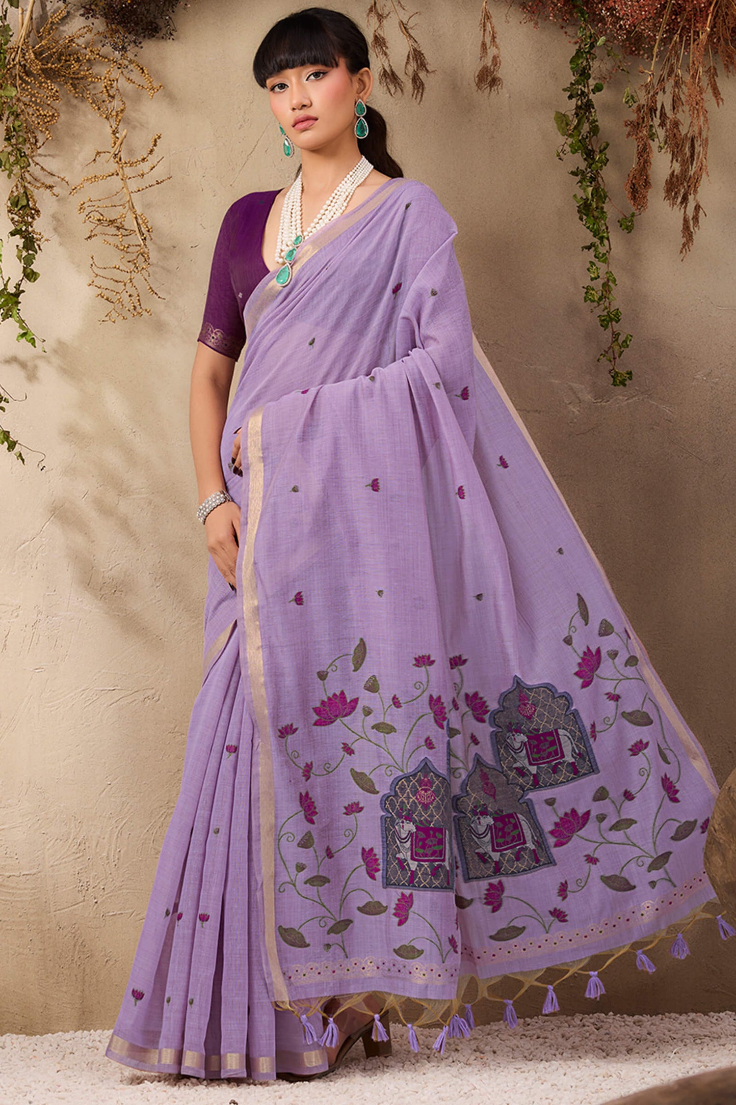 Winsome Lavender Cotton Silk Saree With Innovative Blouse Piece