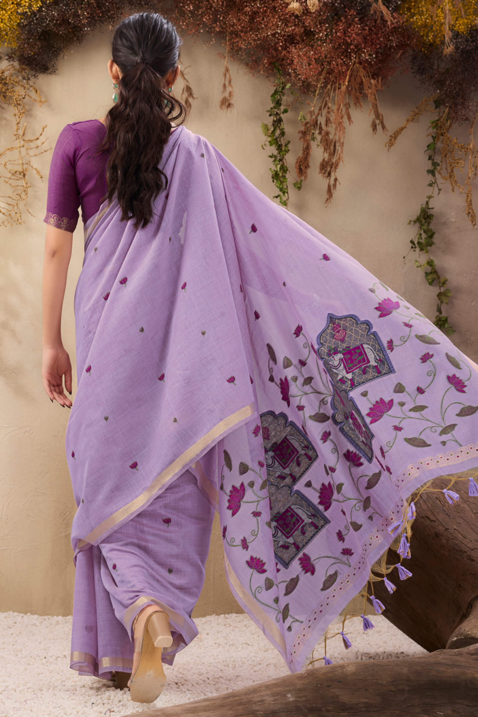 Winsome Lavender Cotton Silk Saree With Innovative Blouse Piece