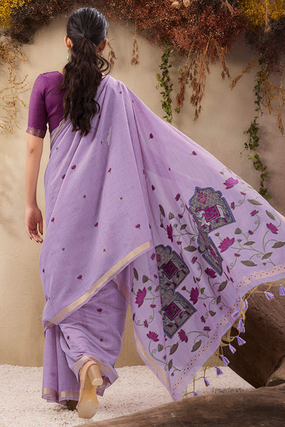Winsome Lavender Cotton Silk Saree With Innovative Blouse Piece