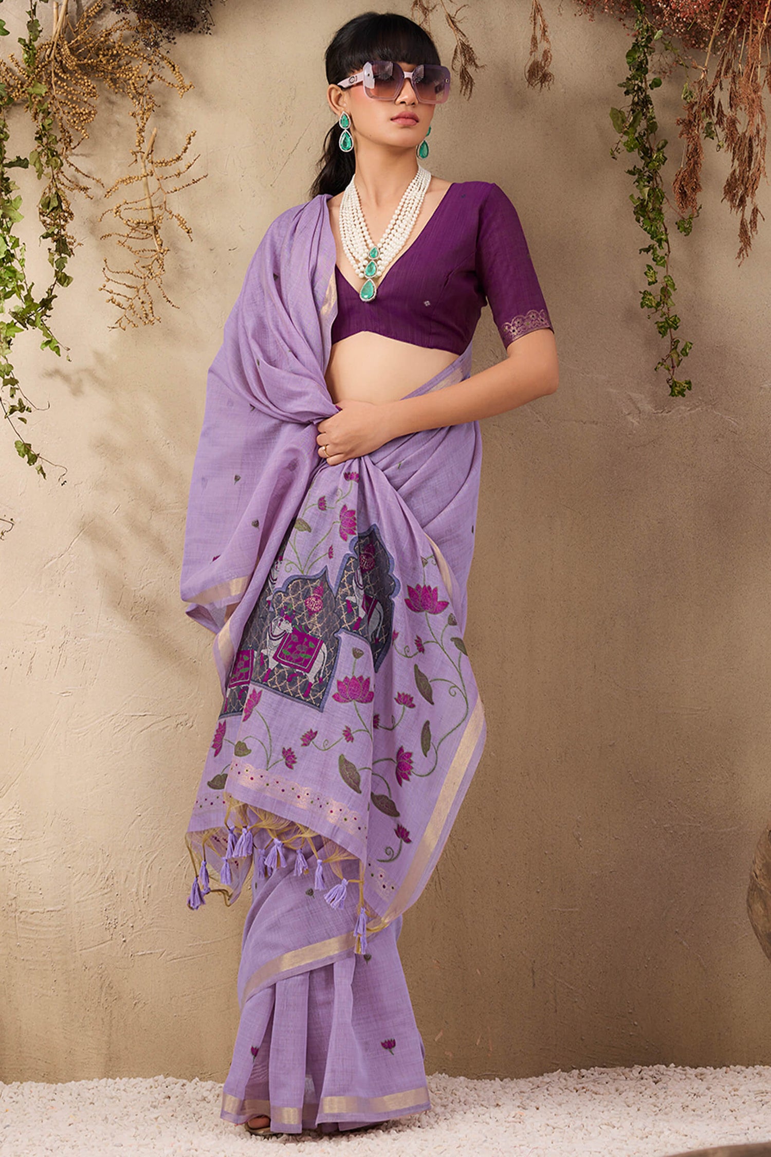 Winsome Lavender Cotton Silk Saree With Innovative Blouse Piece
