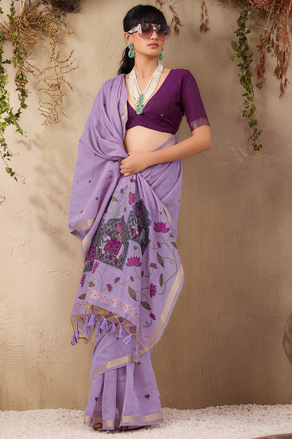 Winsome Lavender Cotton Silk Saree With Innovative Blouse Piece