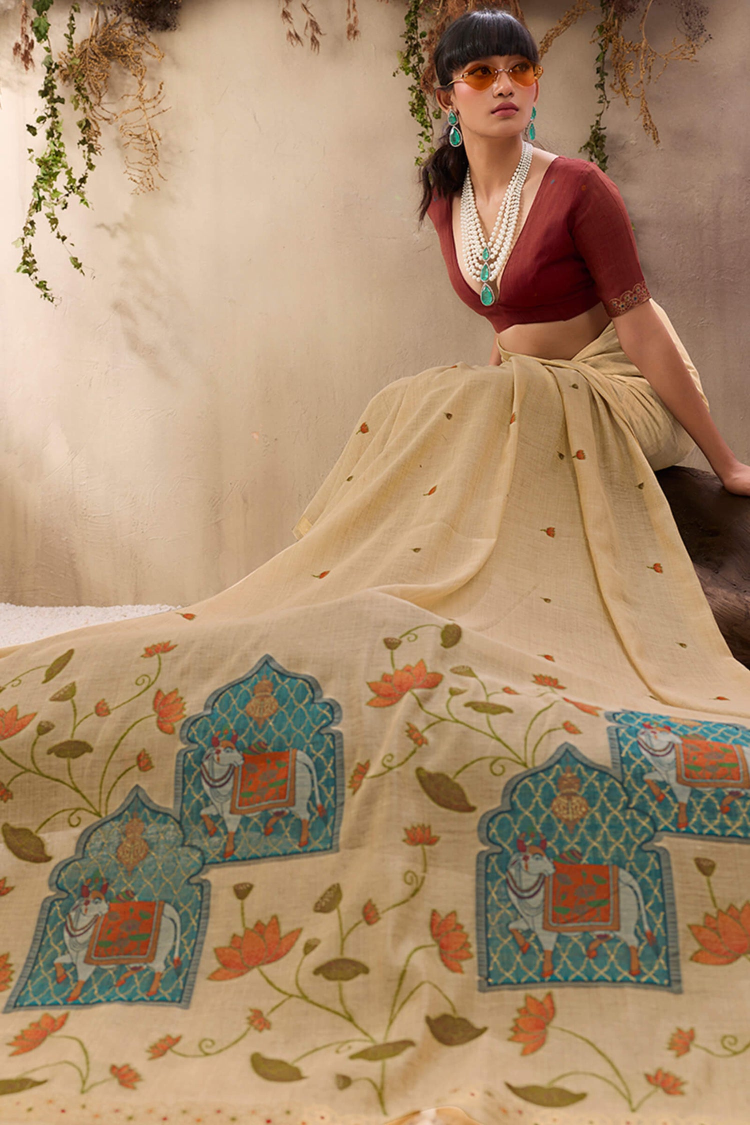 Girlish Beige Cotton Silk Saree With Serendipity Blouse Piece