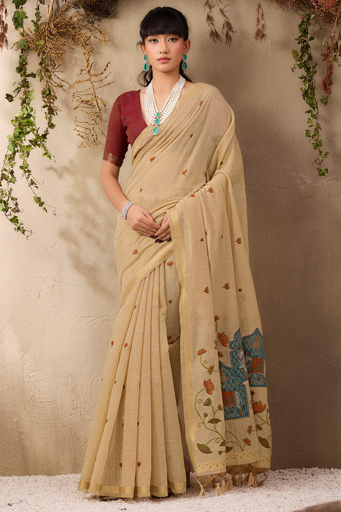 Girlish Beige Cotton Silk Saree With Serendipity Blouse Piece