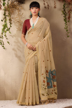 Girlish Beige Cotton Silk Saree With Serendipity Blouse Piece