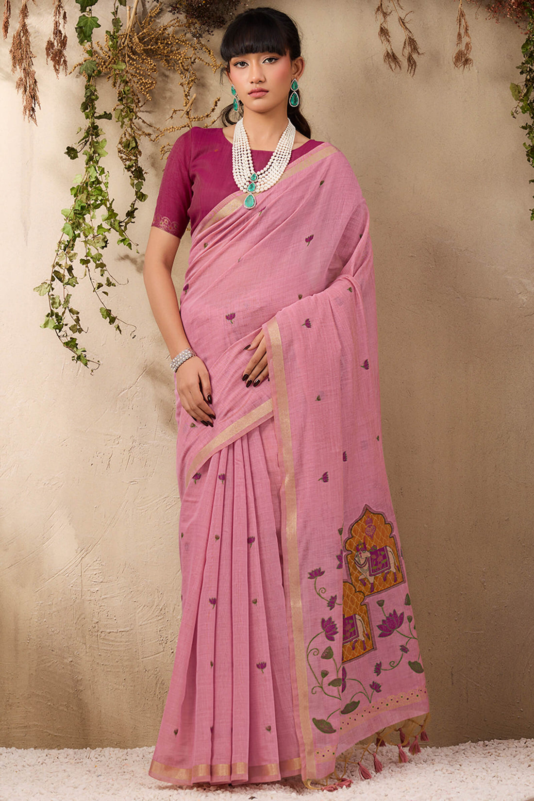 Exceptional Pink Cotton Silk Saree With Desirable Blouse Piece