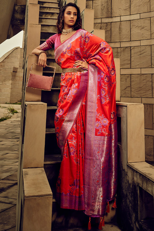 Load image into Gallery viewer, Pulsating Red Soft Banarasi Silk Saree With Vibrant Blouse
