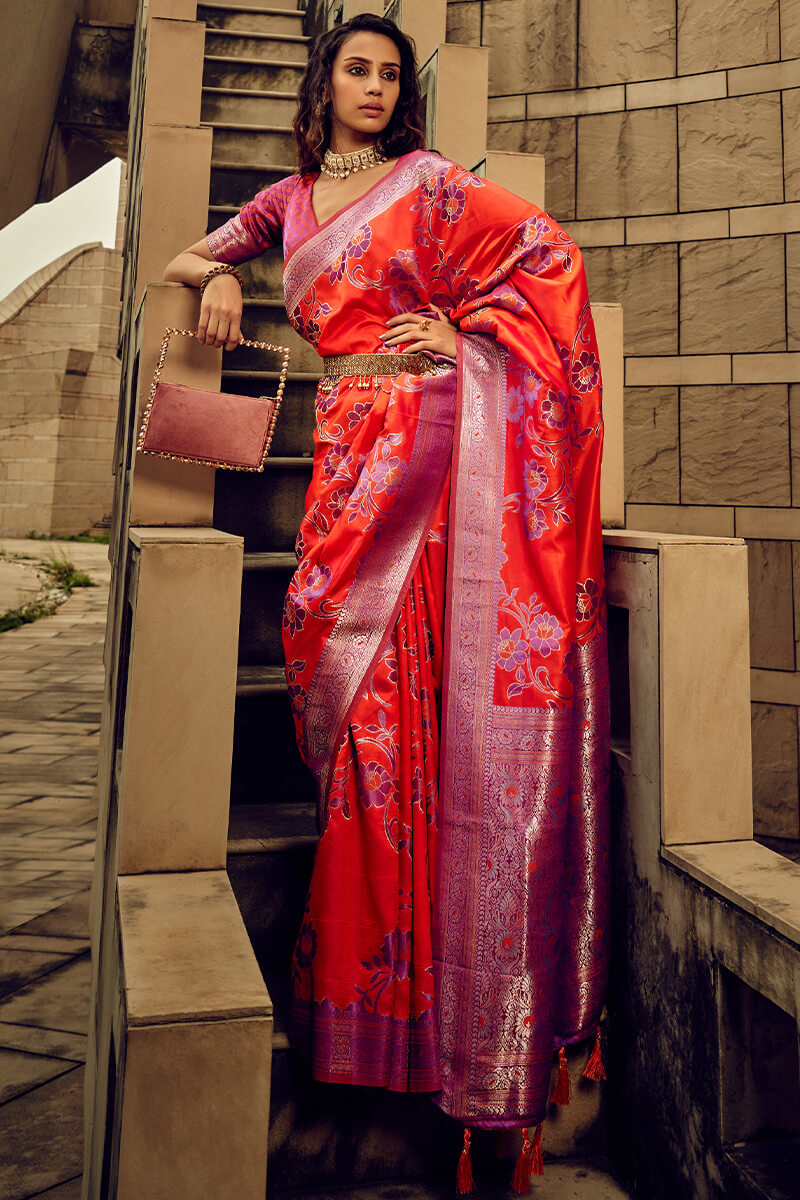 Pulsating Red Soft Banarasi Silk Saree With Vibrant Blouse