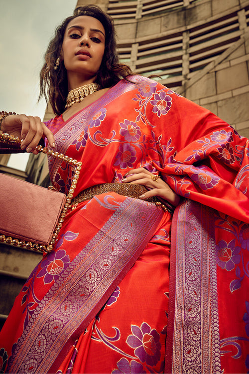 Load image into Gallery viewer, Pulsating Red Soft Banarasi Silk Saree With Vibrant Blouse
