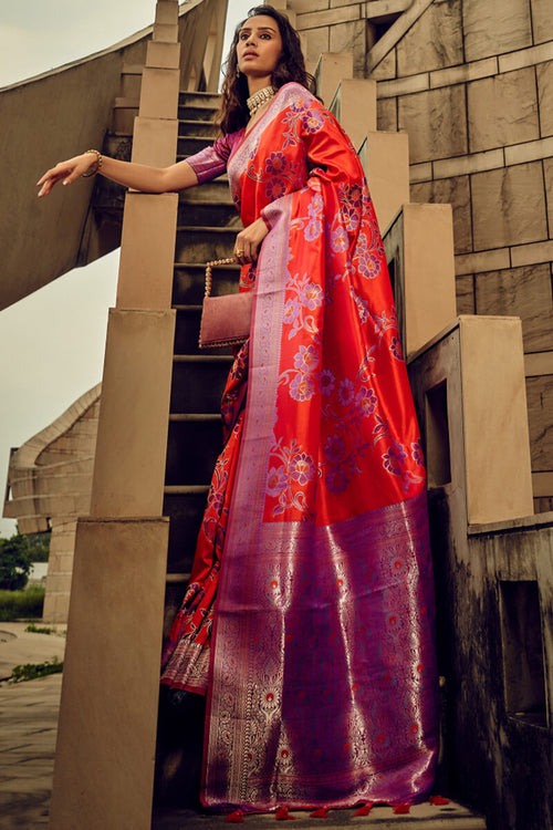 Load image into Gallery viewer, Pulsating Red Soft Banarasi Silk Saree With Vibrant Blouse
